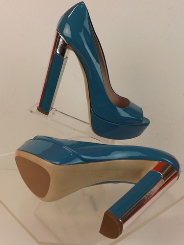 NIB MIU MIU 5KP267 TURQUOISE PATENT LEATHER SILVER HEEL PLATFORM PUMPS 39 - Picture 9 of 12
