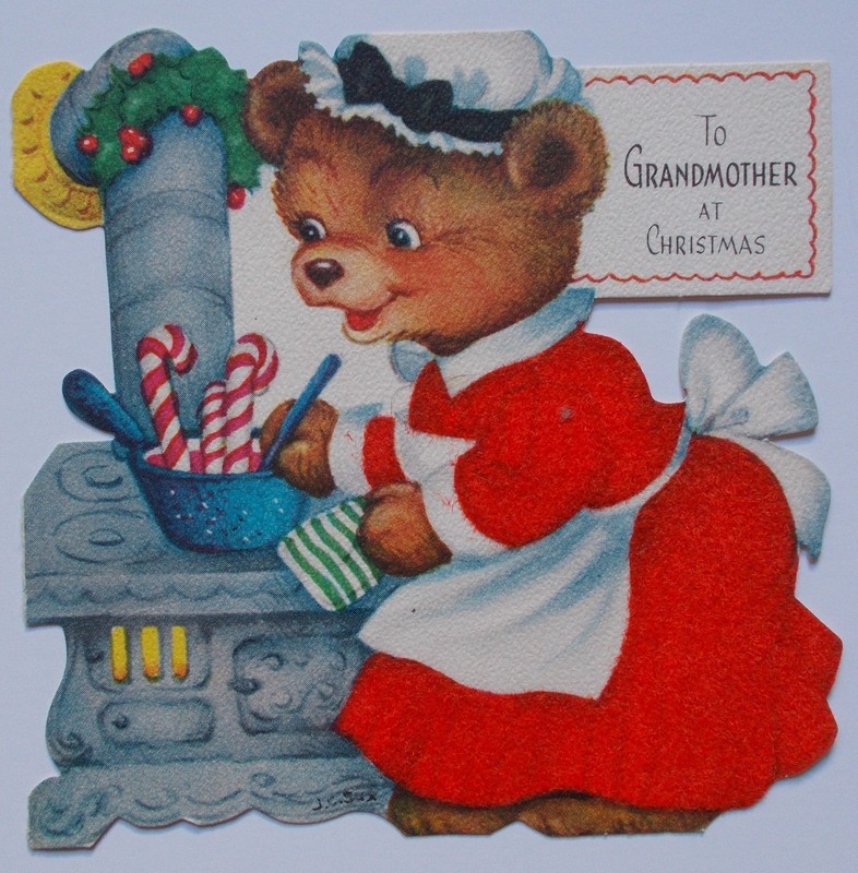 Vintage Christmas Card - Mother Bear Cooking on Stove, Cutout, Unused