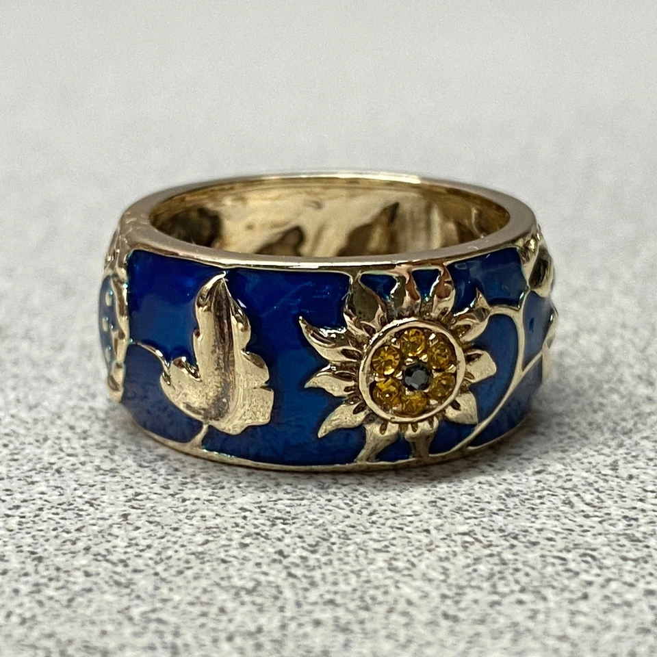 Anillo Oro Sobre Esmalte Esterlina 925 Hoja Girasol Banda Azul Amarillo Talla 7 Foto 4 de 4