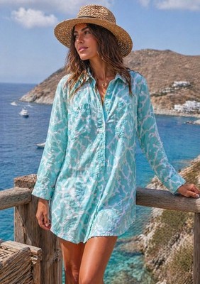 Roberta Roller Rabbit Aqua White Geometric Dress Button Cover Up Cotton M Resort