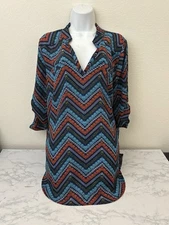 Riley + James Top Woman XXL Tunic Blue Red Hi Lo Aztec Top Pullover Blouse E2