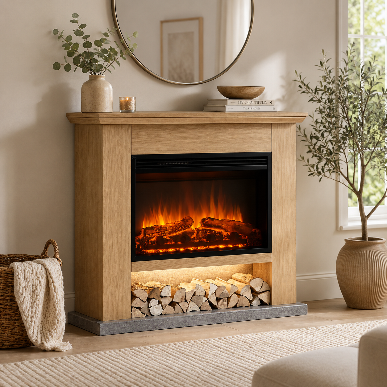 Electric Fireplace Suite 39 Inch Natural Oak 2kW Heater LED Flame Remote Fire