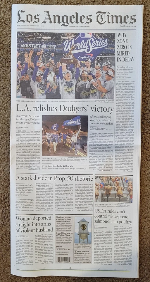 LOS ANGELES TIMES 3 de noviembre de 2025 MLB SERIE MUNDIAL CAMPEONES VICTORIA LA DODGERS - NUEVO Foto 3 de 4