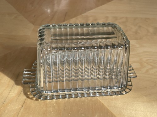 Vintage Anchor Hocking Fire King Klarglas 1 Pfund gerippt bedeckt Butterdose EUC - Bild 2 von 7