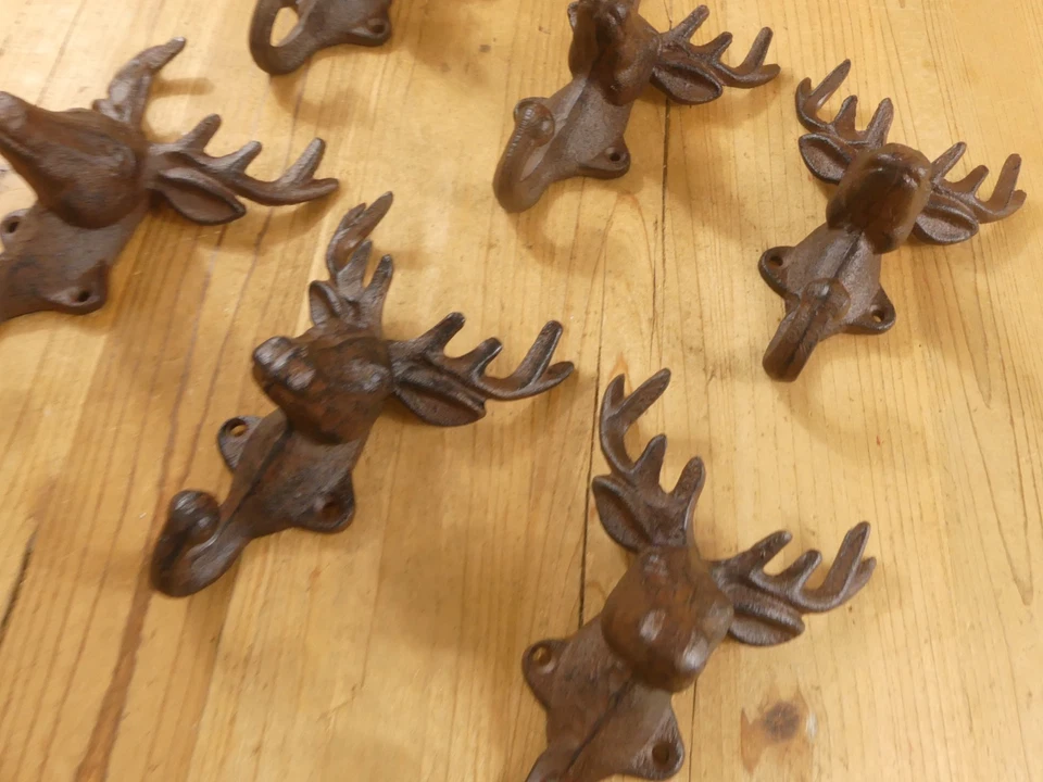 6 Rustic Elk Deer Moose Head Hooks Cast Iron Coat Hook Rack Restoration Hat  - Image 3 of 4