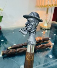 Antique Solid Brass Handmade Head Handle Wooden Walking Stick Cane Gift