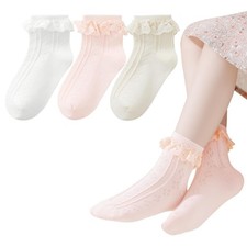 Mini angel Girls Ruffle Socks 5-7 Years, Style A- Beige/White/Pink, 3 Pairs