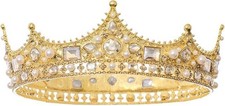 FORSEVEN King Crown for Men Crystal Pearl Wedding Tiaras Birthday Party Gold