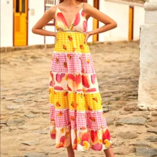 NWT $275 FARM RIO Mixed Pinic Cashew Mix Print Maxi Dress Size Med