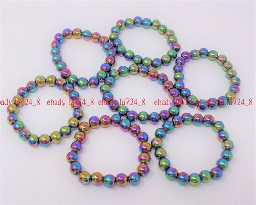 Rainbow Hematite Bead Bracelet 8mm Round Crystals Natural Stretch Bracelet 7.5'' - Picture 3 of 12