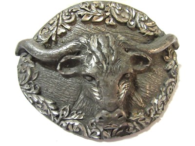 VINTAGE DETAILED FLORAL BELT BUCKLE PEWTER BULL STEER SIGNED EGE 1993 USA RUGGED