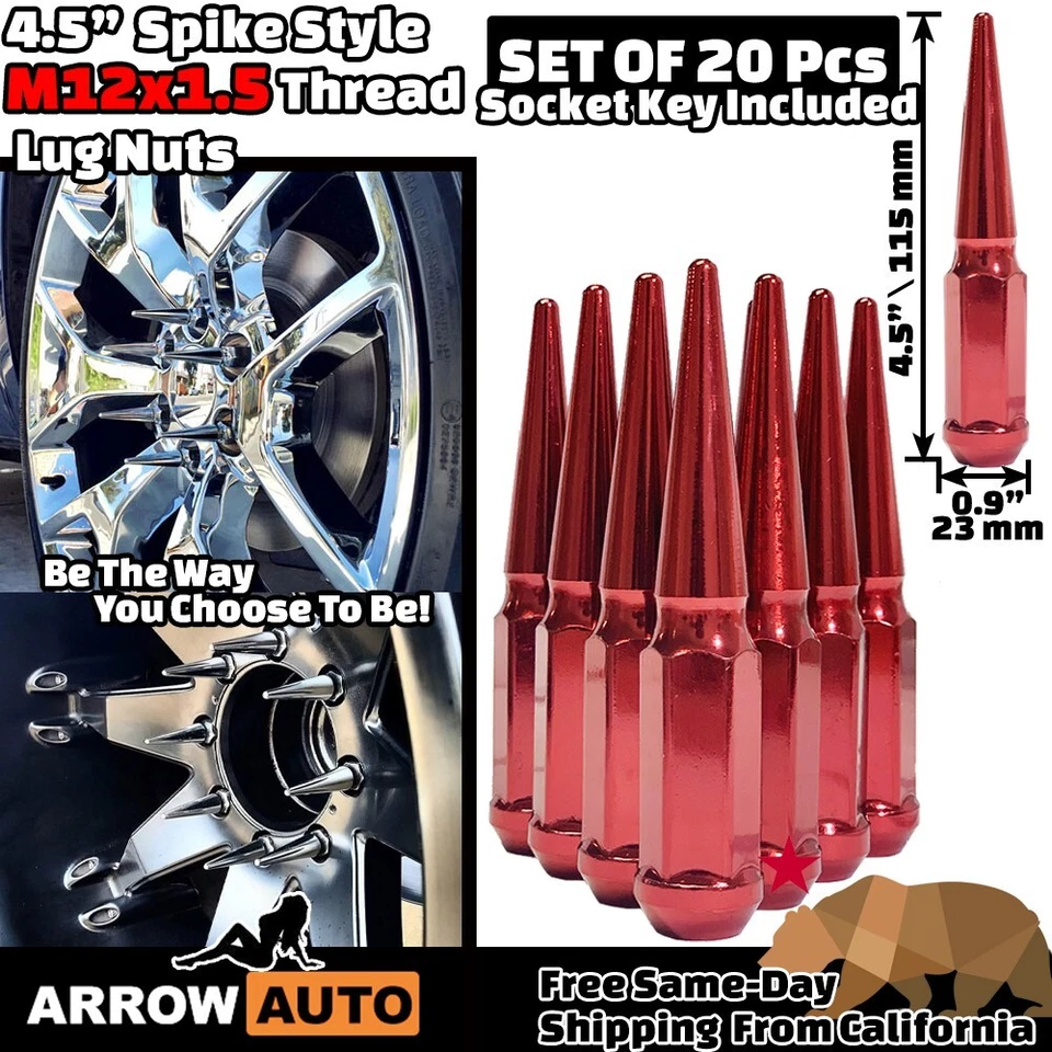 20x 4.5" Tall Red M12x1.5 Spike Lug Nuts and Key Fit Oldsmobile Jeep - Image 2 of 4