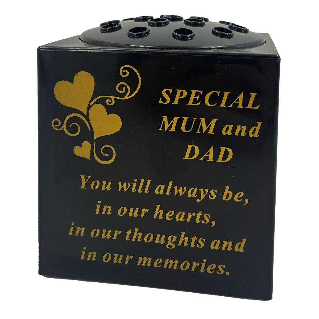 Special Mum and Dad Love Heart Black Gold Memorial Graveside Flower Vase Holder
