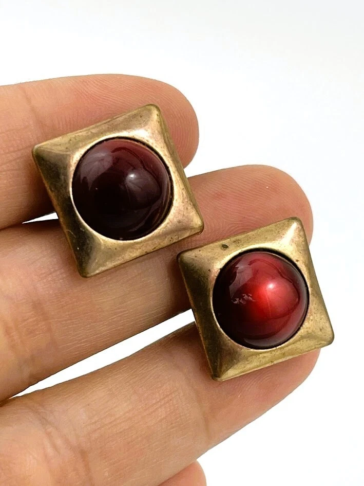 Vintage Manschettenknöpfe PIONEER roter Stein rund goldfarben Art Deco Cuff Links - Bild 3 von 4