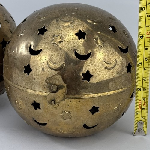 Pair of Vtg Lg Round Brass Lantern Sphere Star Moon Candle Tealight Holder 5” - Picture 13 of 13