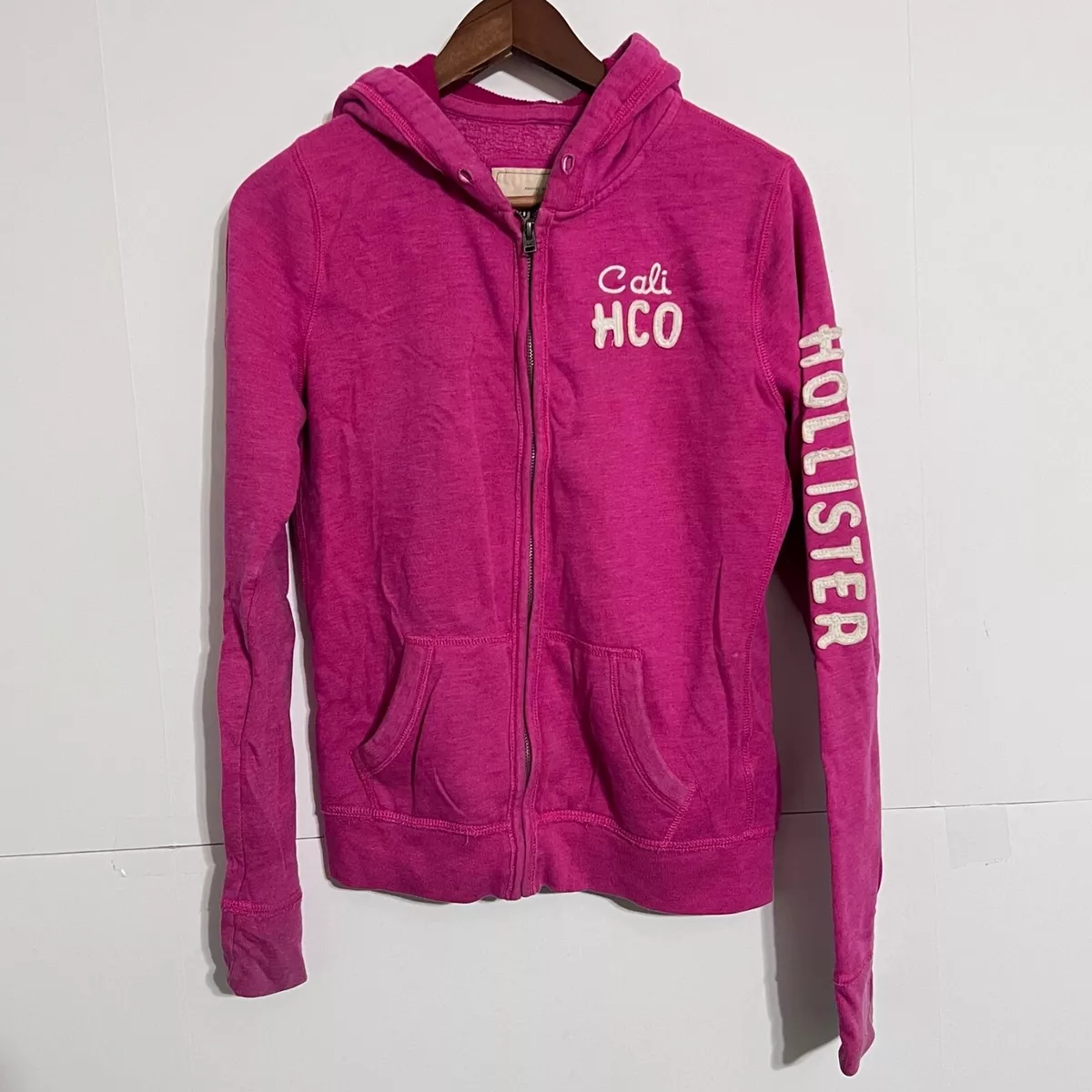 Vintage Hollister Womens Fleece Jacket Size S Magenta Embossed Logo Hoodie