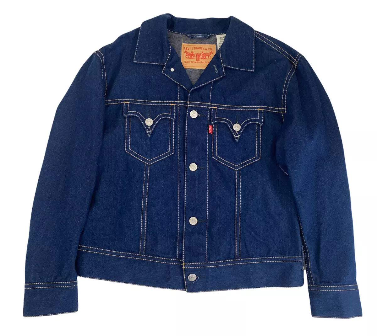 Levis Mens XL Jean Jacket Blue Type 1 Iconic Trucker Denim Yellow Stitching