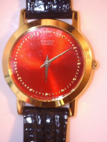 Rare_NOS_NIB_SEIKO LADIES GOLD DRESS WATCH - with RUBY DIAL & Black Lizard Band - Bild 3 von 7