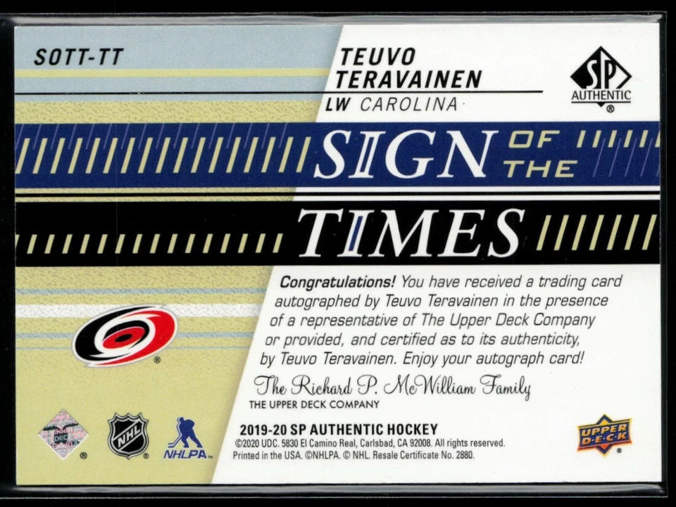 2020-21 SP Authentic Sign of the Times #SOTT-TT Teuvo Teravainen - Image 2 of 2
