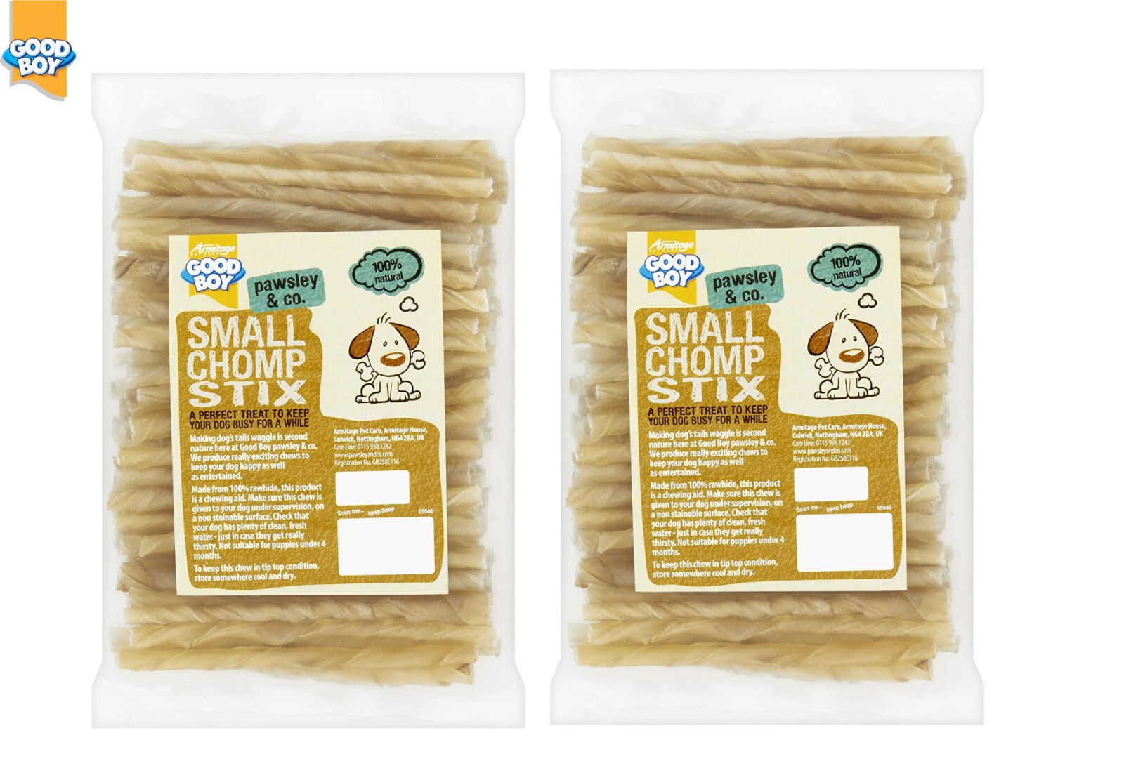 2X GOODBOY SMALL CHOMP STIX RAWHIDE TWIST DOG TOUGH CHEW TREAT 100 STICKS
