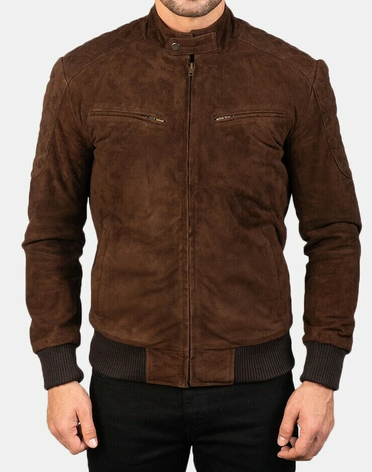 Authentic Luxury Men's Brown Suede Bomber Jacket Soft Lambskin Slim Fit Jacket