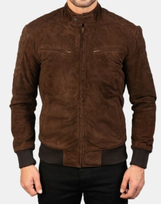 Authentisch Luxus Herren Braunes Wildleder Bomber Jacke Weich Lammleder Slim Fit