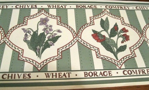 Wallpaper Border Kitchen Botanical Herbs Flowers Green Stripe Country EH00171 - Picture 3 of 4