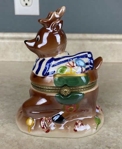 Christmas Reindeer Porcelain Wind Up Music Box With Santa And Helpers