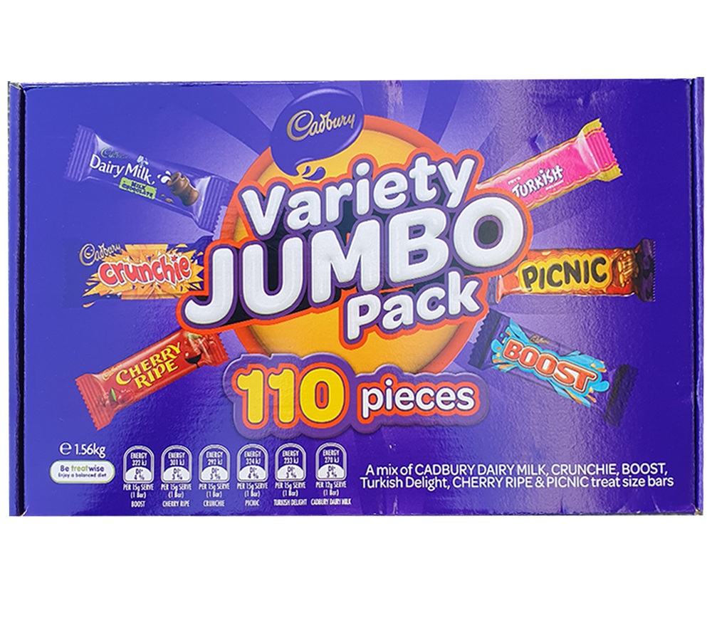 Cadbury Variety Jumbo Box Pack 110 Pieces 1.68kg Box Boost Crunchie