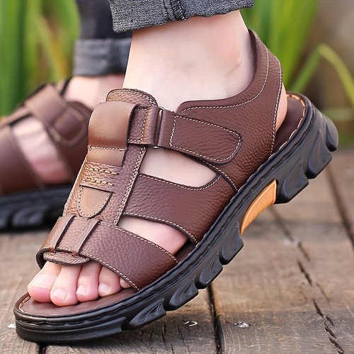 Sandalias de playa de verano huecas con punta abierta de cuero para hombre zapatos informales sin cordones talla - Imagen 10 de 16