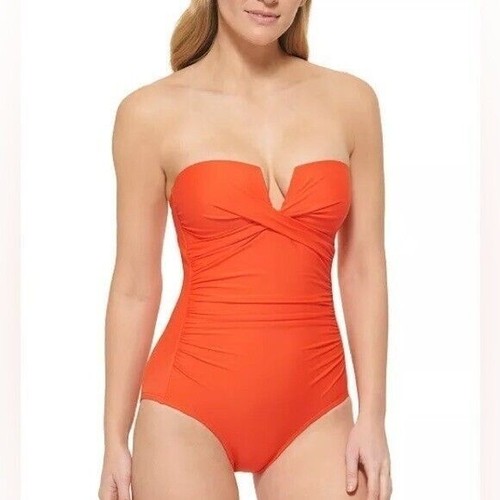 CALVIN KLEIN Women's Split-Neck Bandeau Removable-Strap Tummy-Control Swimsuit 6
