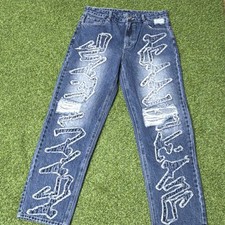 Assali   Straight Blue Denim Jeans Distressed...