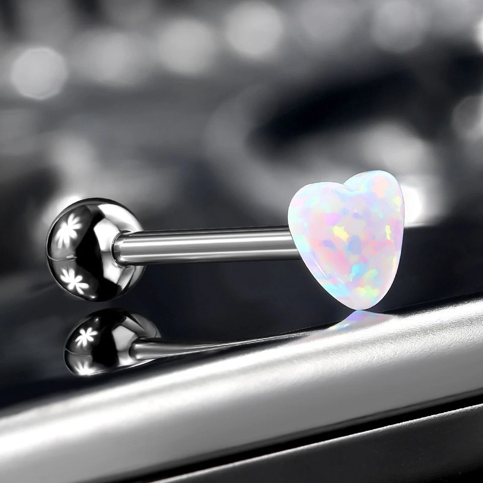 Anillo Lengua Titanio Corazón Ópalo 14G 16mm Cuerpo Roscado Interno Piercing Joyería Foto 3 de 4