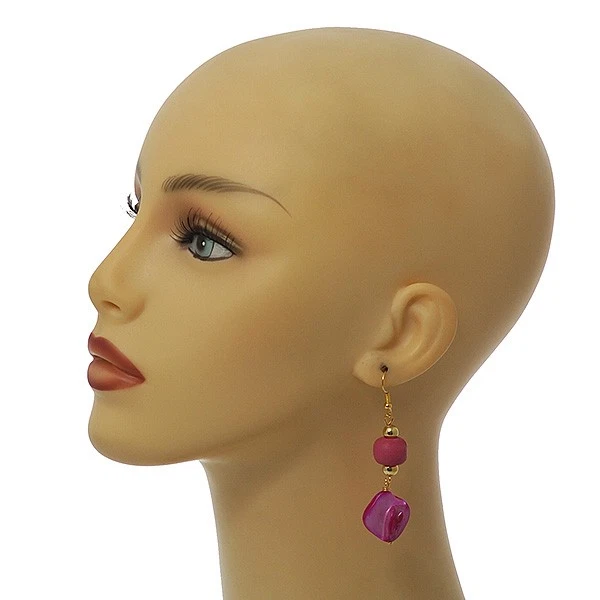 Pink Wood and Fuchsia Shell Bead Drop Earrings in Gold Tone - 70mm Long - Image 3 of 4