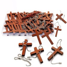 Wooden Pocket Cross - 70 Charms  70 Chains, Natural Wooden Pendants