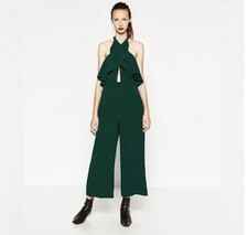Zara Women Ruffle Jumpsuit In Green Size Medi...