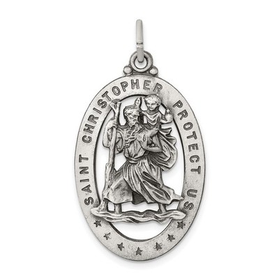 Sterling Silver Antiqued Oval St. Christopher Medal Pendant, 20 x 36mm