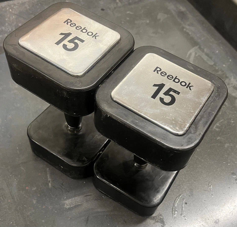 RARE 2 Vintage Reebok Square Head 15 LBS Dumbbells Rubber Coating Super Cool - Image 3 of 4