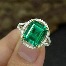3CT Emerald Cut Lab-Created Emerald Halo Engagement Ring 14K White Gold Plated