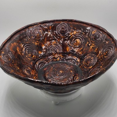 Handmade Studio Pottery Bowl Spiral Carved Design Earth Tones