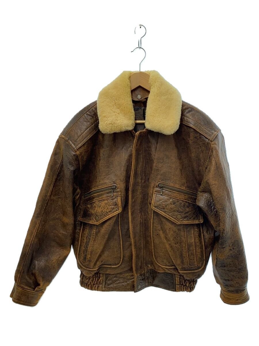 Men's Brown Sheepskin Leather Blouson Jacket Size L Plain 1266