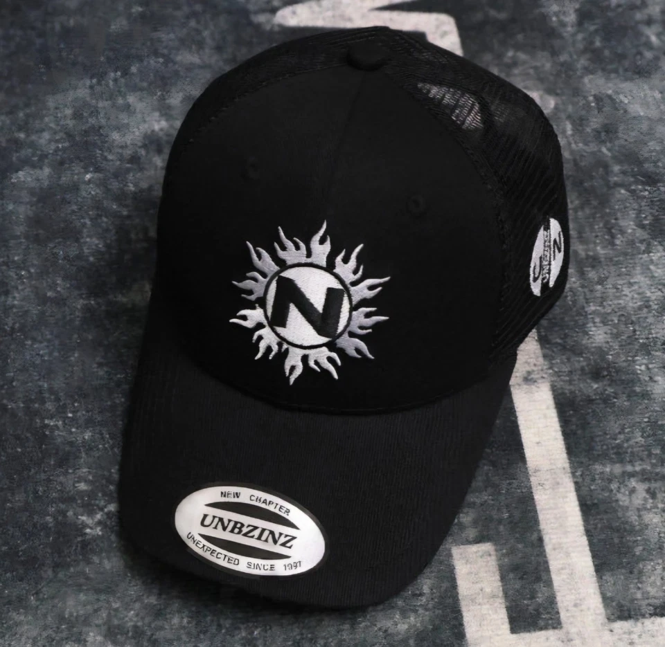 UNBZINZ Black Trucker Hat Sun Flame Embroidered Logo Mesh Snapback Cap Y2K Retro - Image 2 of 4