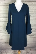 Ann Taylor Sheath Dress Womens Size M Teal Blue V-Neck Stretch Flare Bell Sleeve