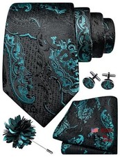 8cm Paisley Tie Set for Men Necktie Lapel Pin Pocket Square Cufflinks Set Teal