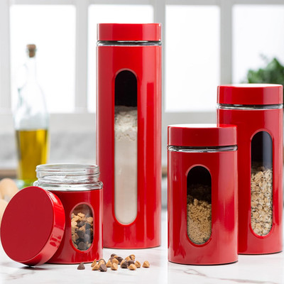 Quality Modern Red Stainless Steel Canister Set for Kitchen Counter with Glass W