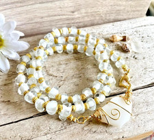 White Sea Glass Beaded Layered Wrap Bracelet, Bangle Beach Glass Wedding Jewelry