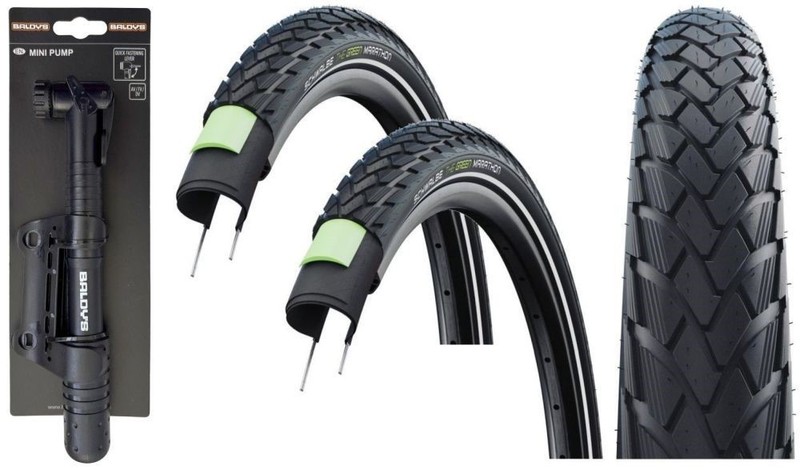 2x Schwalbe MARATHON 700 x 28c Puncture Protected Bike TYRES + BALDYS MINI PUMP