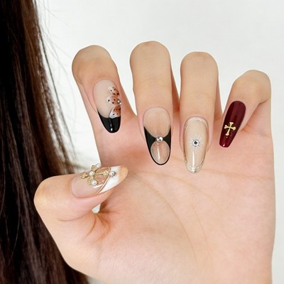 Sweet Gothic Rococo Press-On Nails with Pearl Cross & Metallic Accents Almond