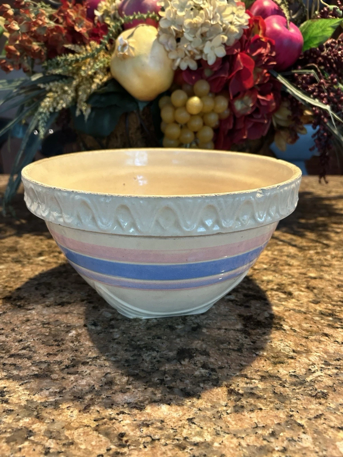 Antique Vintage 9 3/4 Stoneware Kitchen Mixing Bowl Pink and Blue Bands USA