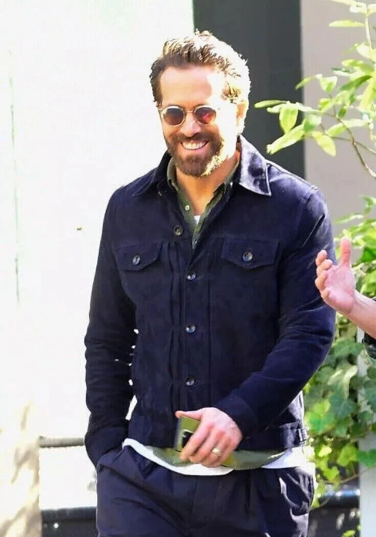 Ryan Reynolds Blue Leather Trucker Jacket for Men Pure Suede Custom Made S M-184